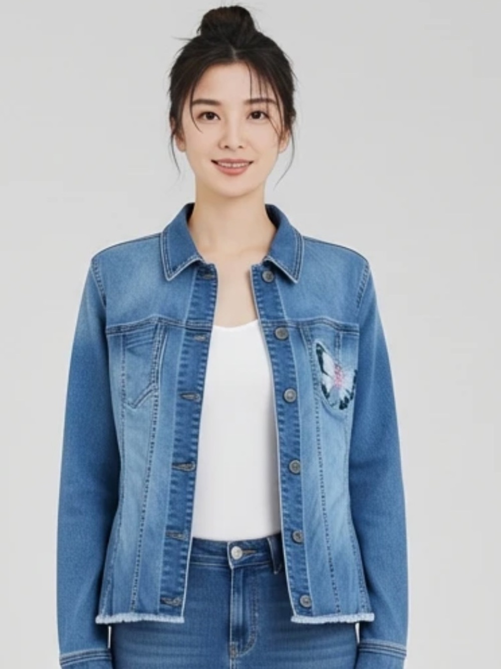 Chico's Light Blue Denim Jacket with Classic Collar And Butterfly Design Size 2x